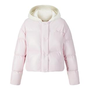 HERLIAN 秋冬新品女士撞色连帽蛋皮质休闲粉色短款修身鹅绒羽绒服