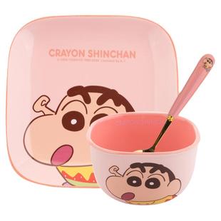 蜡笔小新碗盘套装家用陶瓷餐具盘子儿童专用可爱卡通吃饭碗耐高温