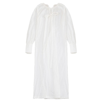 休闲简约长款微褶皱纯色连衣裙