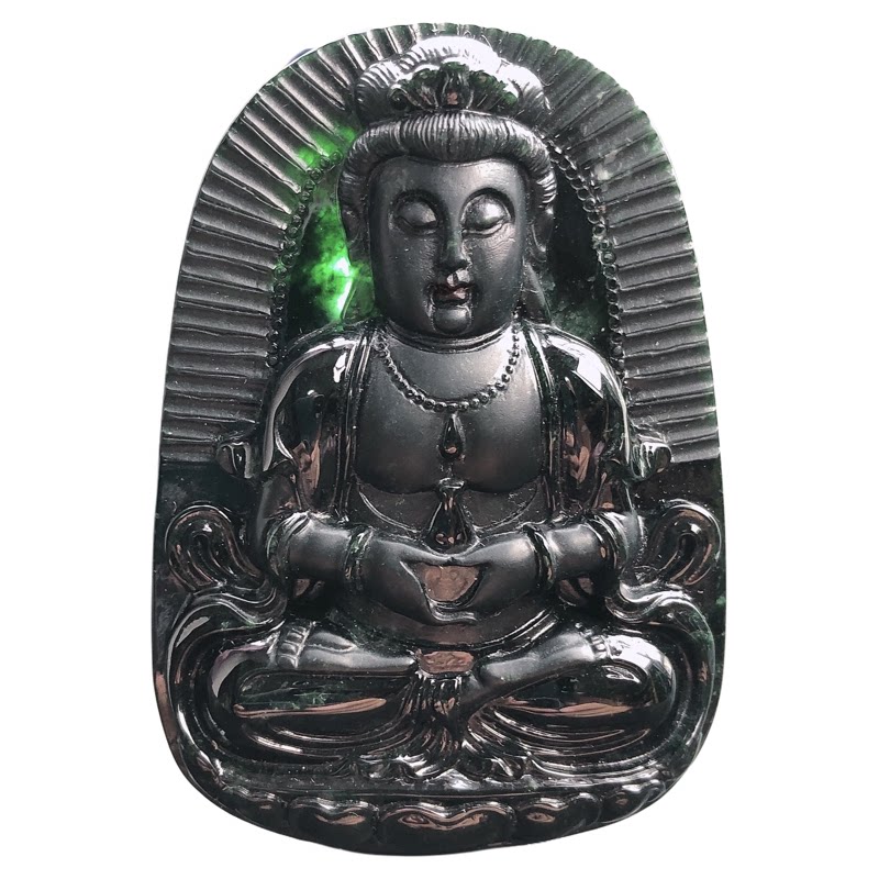 缅甸纯天然翡翠A货墨翠观音挂件
