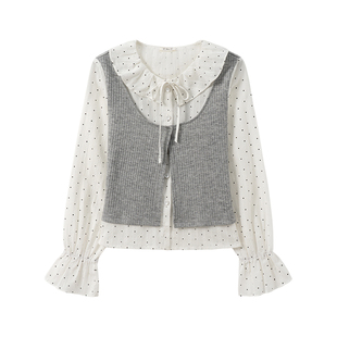 奶油的宇宙 波点拼接假两件娃娃领长袖衬衫女韩系学院风早秋上衣