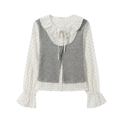 波点拼接假两件娃娃领长袖衬衫女
