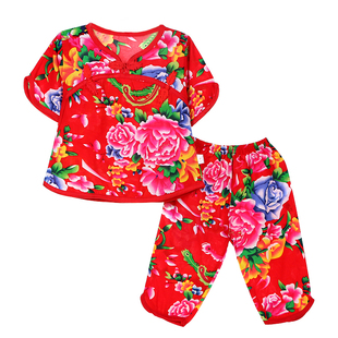 短袖七分裤套装东北大花布民族风男女儿童纯棉绸小孩幼儿园宝宝