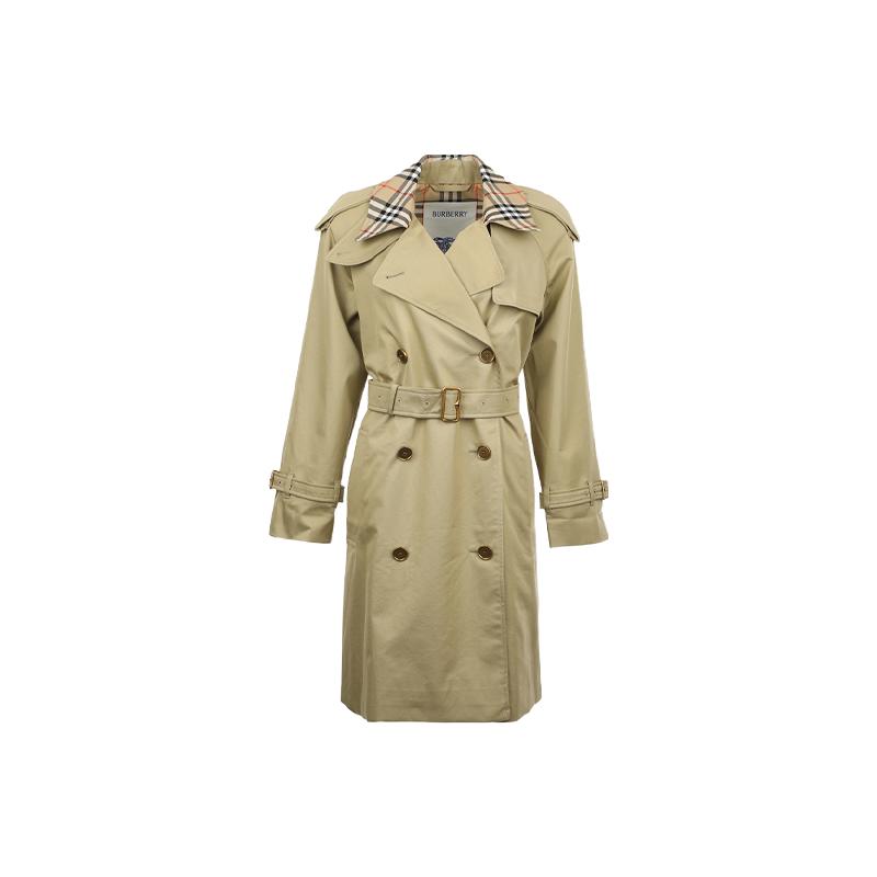 【自营】BURBERRY/博柏利女士格纹领口中长款双排扣春秋风衣外套