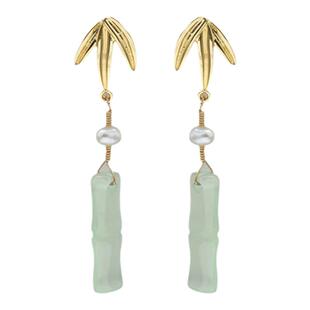 新中式国风绿玉髓竹节竹叶耳环女款2026新款绿玛瑙耳钉马面裙耳饰