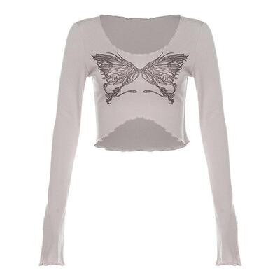 大佬街舞潮牌蝴蝶辣妹图案露脐长袖T恤显瘦jazz美式休闲4139