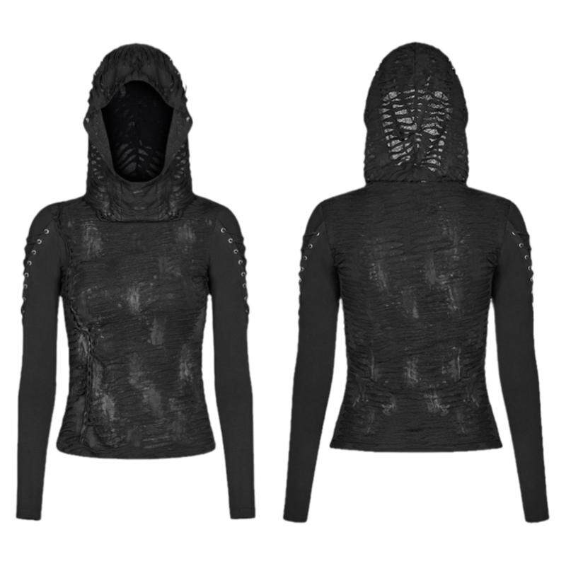 哥特黑色破洞T恤女春秋绑绳