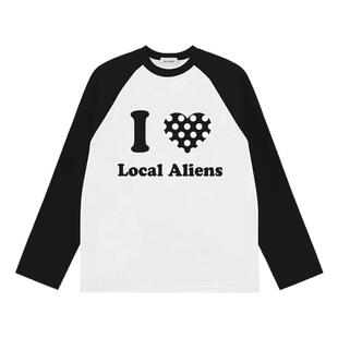local aliens外星沙龙美式复古波点爱心插肩长袖T恤撞色百搭上衣