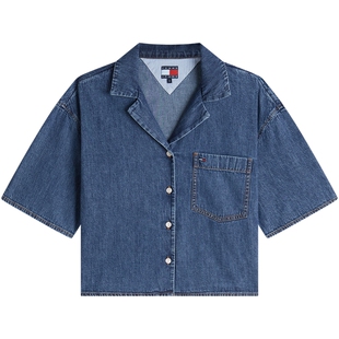 【张元英同款】Tommy26春夏女装轻薄纯棉宽松古巴领短款牛仔衬衫