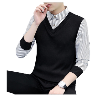2026新款春秋季假两件长袖衬衫男士秋装上衣潮流衬衫领打底衫毛衣