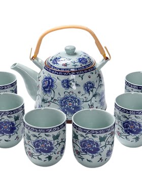7头大容量功夫茶具茶壶茶杯套装 提梁壶泡茶壶家用客厅粗陶瓷中式