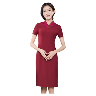 中国风职业装女连衣裙盘扣旗袍吉祥空姐制服复古茶服工作服秋款