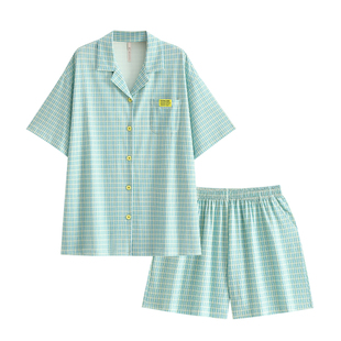 悦内睡衣女款夏季纯棉短袖短裤夏天家居服清新格子开衫可外穿套装