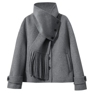 Amii显高短款V领全羊毛配围巾双面呢外套女冬季宽松落肩袖呢大衣