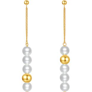 周六福珍珠耳钉女贝珠金珠耳饰S925银黄金色复古少女耳环新年礼物