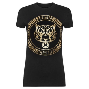 PLEIN SPORT女士老虎头印花圆领修身短袖T恤