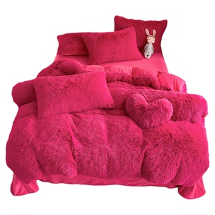 冬季毛绒绒被套水貂绒少女心玫红色牛奶绒加厚兔毛绒公主风四件套