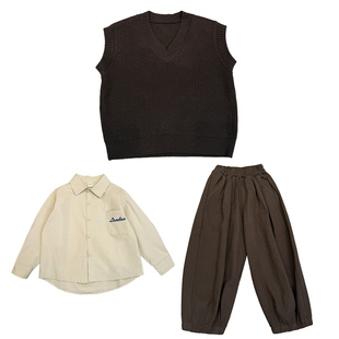 儿童针织套装2025秋季新款男孩学院风毛衣背心宝宝休闲衬衫套装潮