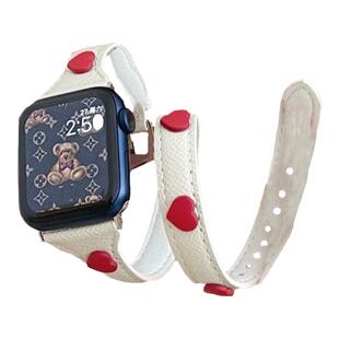 爱心款适用于applewatch9苹果手表双圈款细真皮表带iwatch678代SE