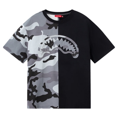 SprayGround鲨鱼嘴2026夏款迷彩拼接短袖T恤男宽松半袖体恤上衣潮