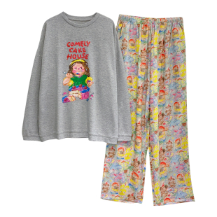 韩版卡通睡衣女长袖春秋冬加厚纯棉甜美可爱休闲可外穿圆领家居服