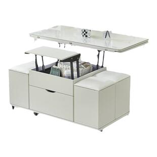 奶油风通长底板升降茶几小户型专用移动伸缩储物多功能茶几带凳子