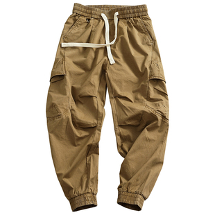 jogger束脚工装休闲裤男3D合身立裁多口袋纯棉水洗做旧薄款九分裤