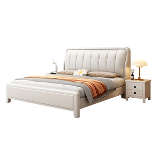 简约现代实木床白色轻奢双人床软包真皮靠背1.8米主卧1米5储物床