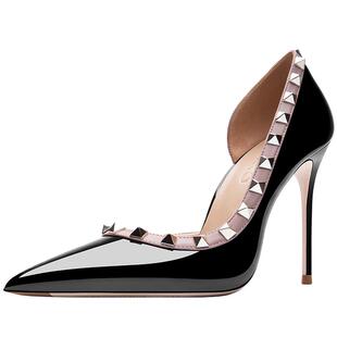 HLTINO铆钉高跟鞋女2025年新款春秋细跟性感百搭黑色工作尖头单鞋