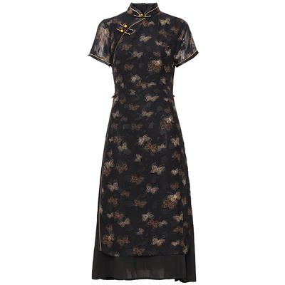 莹杉新中式日常年轻款黑色连衣裙