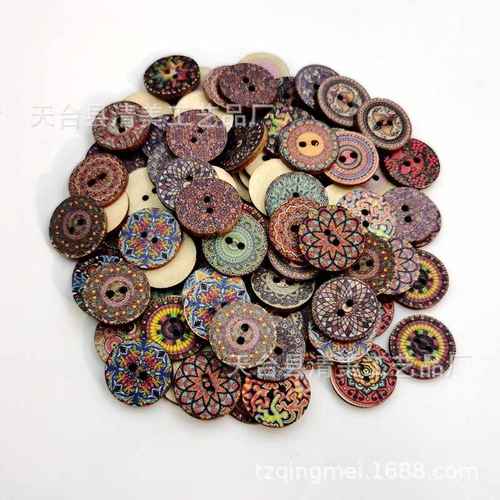 新品 1.5/2/2.5cm圆纽扣 复古印花圆片3木纽扣