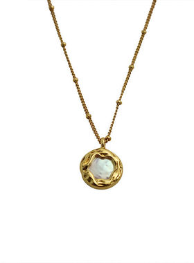 镀18K金淡水珍珠项链女文艺小香风双面吊坠精致气质复古锁骨链