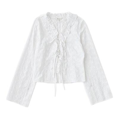 MOUSSY 春季新品活力少女荷叶边系带长袖衬衫女010ISS30-4181