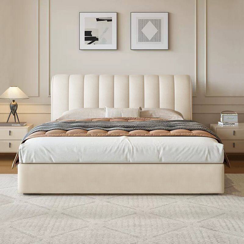 现代简约奶油风钢琴键头层牛皮床意式极简双人主卧婚床网红皮艺床