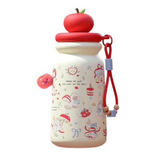 恒度苹果小猫保温杯女生高颜值学生水杯不锈钢吸管杯便携可爱杯子