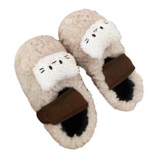 细细条冬季百搭豆豆鞋ins复古撞色可爱小猫咪保暖防滑女士棉拖鞋