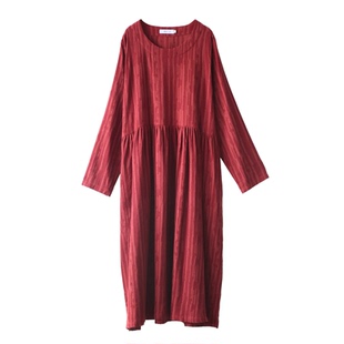 气质复古红棉麻长袖春款宽松显瘦大码袍子连衣裙原创设计女长裙