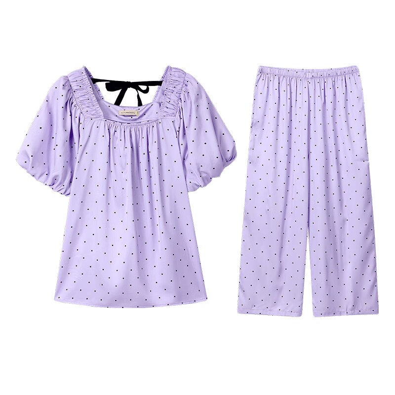 秋鹿冰丝圆点睡衣女款夏款方领短袖七分裤泡泡袖家居服女夏可外穿