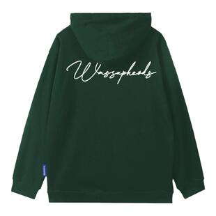 WASSUP字体LOGO连帽卫衣男秋冬季美式复古墨绿色重磅高街情侣外套