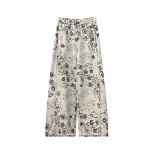 个性提花设计垂感水洗牛仔裤女春新款高腰宽松显瘦百搭直筒阔腿裤