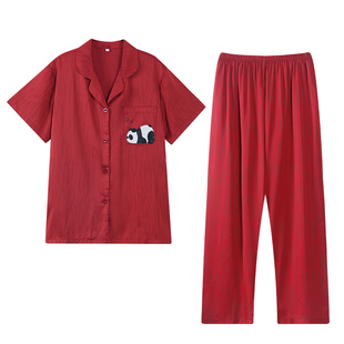 芬腾可安夏季冰丝情侣睡衣女短袖红色套装男式本命年可外穿家居服
