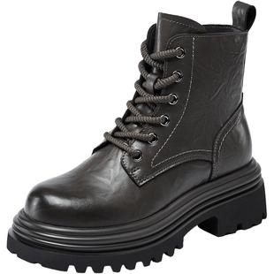 意尔康女鞋冬季厚底户外休闲加绒马丁靴粗跟英伦风短靴小个子女士