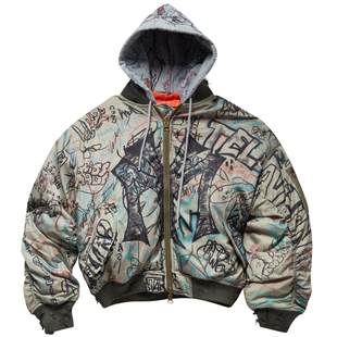 Mowalola魔娃洛啦重工磨破双面穿涂鸦飞行夹克Bomber棉服连帽外套