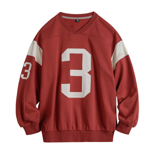 马登美式复古棒球V领无帽字母撞红色拼接套头长袖休闲卫衣女士春