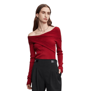 【朱丹同款】Fabrique红色斜肩露肩毛针织衫女修身一字领毛衣上衣