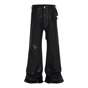 VIBE ACW美式黑胶涂层微喇腊裤男女同款高街拼接破坏黑武士牛仔裤