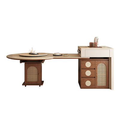 中古风复古岛台餐桌一体家用伸缩小户型可变方圆两用高级感中导台