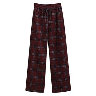 复古红色格子毛呢阔腿休闲裤女加绒加厚2024秋冬新款爆款直筒裤子