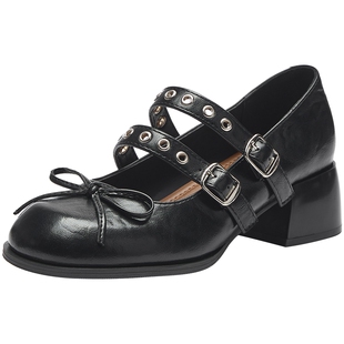 热风粗跟玛丽珍鞋女2026年春季新款蝴蝶结浅口单鞋百搭配裙子女鞋