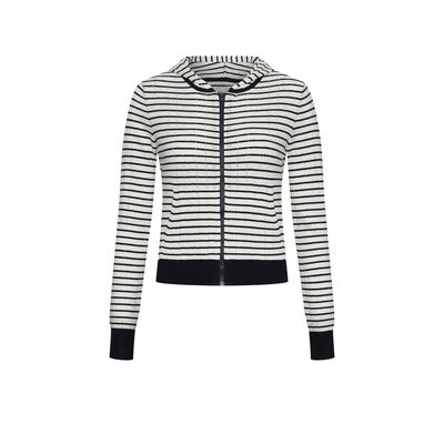 UR&DC2026春季新款休闲撞色条纹连帽拉链长袖针织开衫女短款上衣